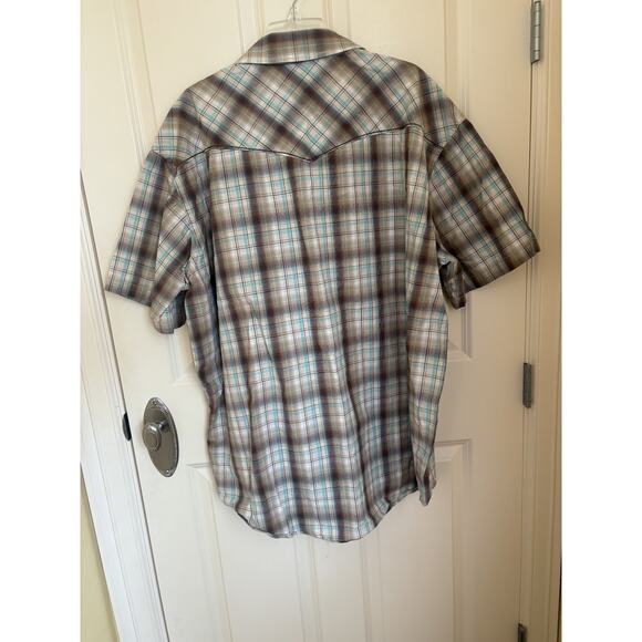 Panhandle Slim Rough Stock Shirt Men XXL Brown Blue Plaid Pearl Snap Embroiderd - Picture 4 of 5